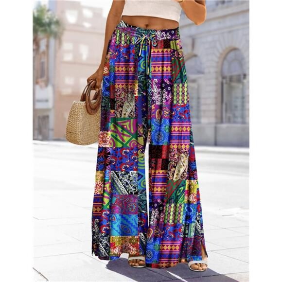 Women‎ Summer Boho Palazzo Pants High Waist Wide Leg Floral Casual Cotton - Picture 5 of 5